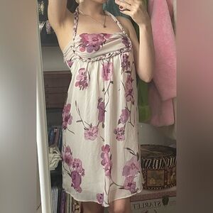 Floral Halter Mini Dress with sides Zipper - White, Pink, Purple